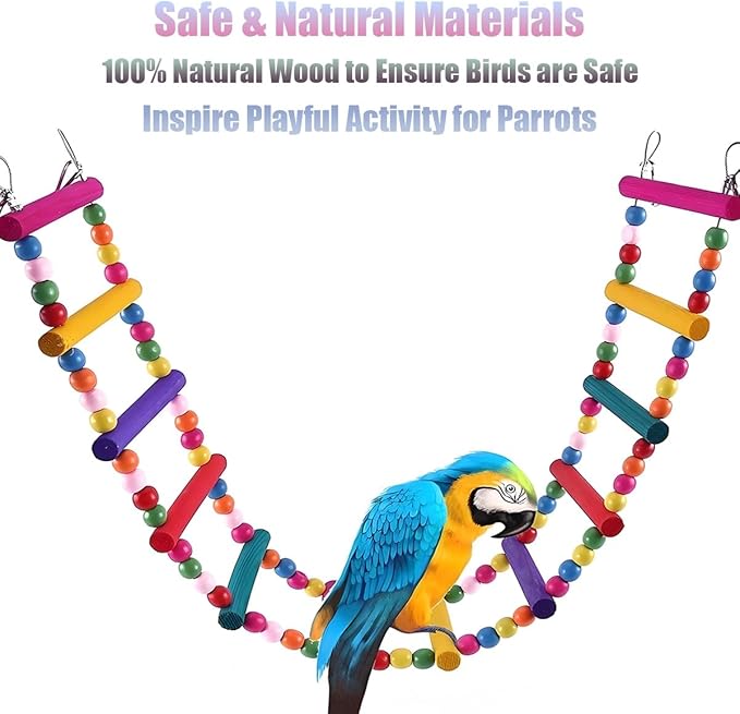 Bird Toys for Parrots Parrot Bridge, Swing Toys, and Ladders for Macaws, African Greys, Budgies, Cockatiels & Parakeets - Wooden Bird Ladder and Swing Toys for Play and Training (20Inch - 8 Ladders)