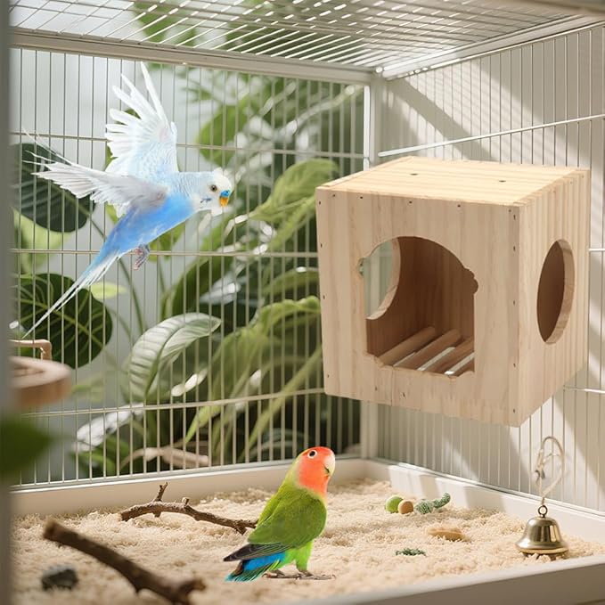 DQITJ Bird Cage House Nesting Box Wooden Breeding Nest for Small Bird Parrot Budgie Conure Lovebird Finch Parakeet Cockatiel