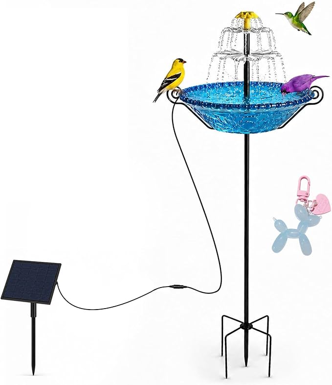 Bird Bath for Outside with Solar Fountain, Plastic Bowl on Metal Stake and Ground Stand, Freestanding Garden Accent for Yard and Patio (Blue(XL))