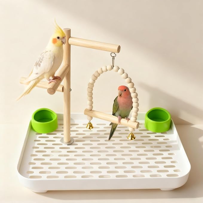 4 In 1 Bird Playground Stan with Large Tray, Food Bowl, Wooden Bird Play Stand and Swing, Play Gym & Accessories for Parrots Cockatiels Conures Parakeets Lovebirds