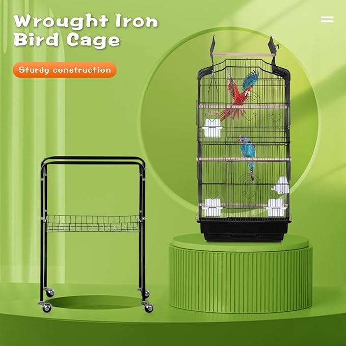BestPet 64 inch Wrought Iron Bird Cage for Parakeets Medium Small Parrots Parakeet Cage with Detachable Rolling Stand & Play Open Top for Cockatiels Lovebird Finches Canaries (Black)