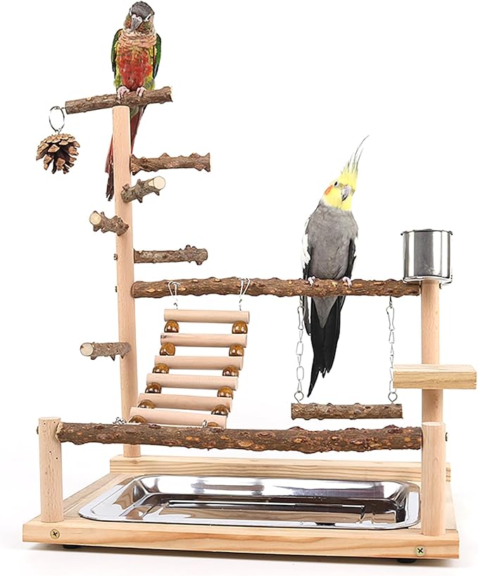 RoseFlower Bird Playground, Parrots Wooden Playstand, Birdcage Playground Play Gym Parakeet Playpen Ladder with Feeder Cup and Tray, Bird Toys Swing Exercise Toy