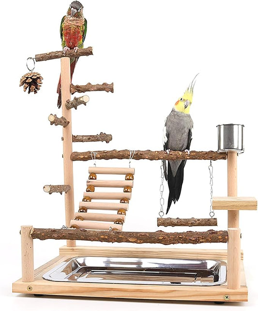 RoseFlower Bird Playground, Parrots Wooden Playstand, Birdcage Playground Play Gym Parakeet Playpen Ladder with Feeder Cup and Tray, Bird Toys Swing Exercise Toy