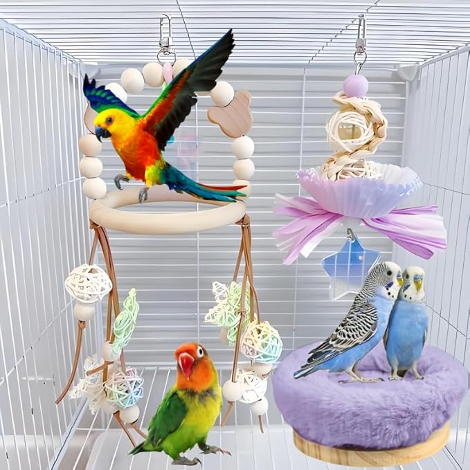 2Pcs Bird Perch Stand Platform Plush Parrot Hanging Hammock Warm Bird Nest Snuggle Hut Birds Sleeping Bed Wood Perch for Parrot, Budgies, Parakeet, Cockatiels, Conure, Lovebirds-Purple&Grey