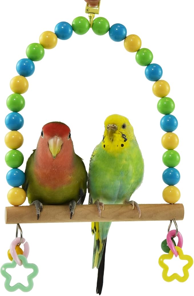 Wooden Bird Swing for Cage Large Parrot Hanging Toys with Colorful Beads Bell Cockatiel Perch Stand Parakeet Climbing Training Toy Playground Gym Birdcage Accessories for Macaws Quaker Conures