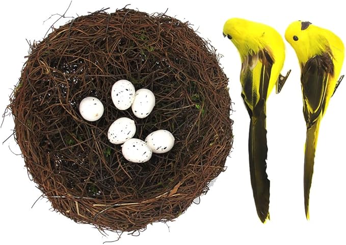 Simulated Feathered Bird - Artificial Birds Rattan Bird Nest Eggs DIY Crafts Ornament Artificial Foam Bird Ornaments Tree Ornaments for Home Garden Wedding