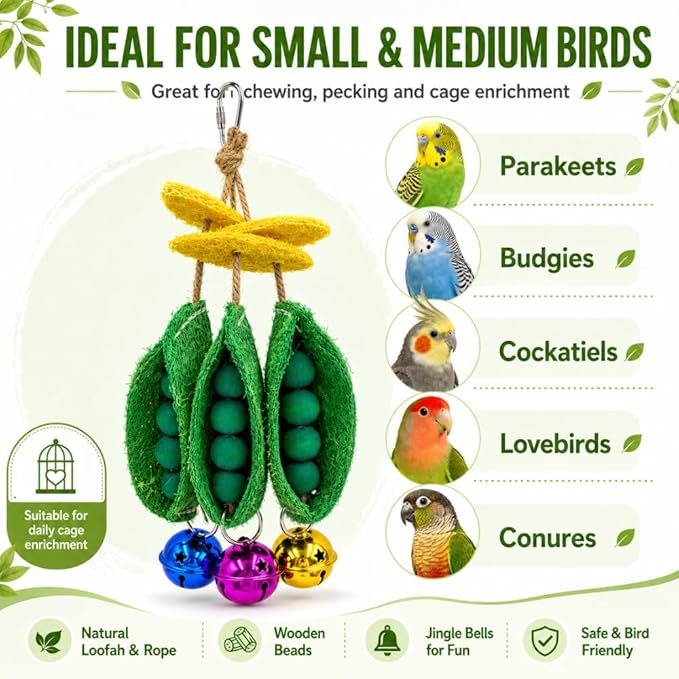 Loofah Bird Toy for Parakeets, Triple Pea Pod Hanging Bird Chew Toy with Wooden Beads & Colorful Bells, Bird Cage Accessories for Budgies, Cockatiels, Lovebirds, Conures