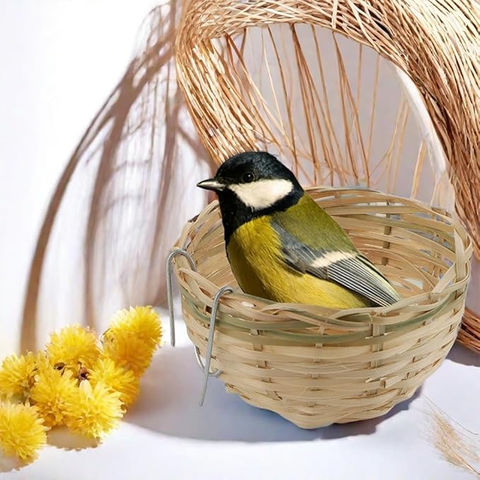 VTurboWay 5 Pack Bird Bamboo Nest, Handwoven Natural Bird Cage House Hatching Breeding Cave with Hook, Country-Style for Small Bird Parrot Canary Swallow Finch