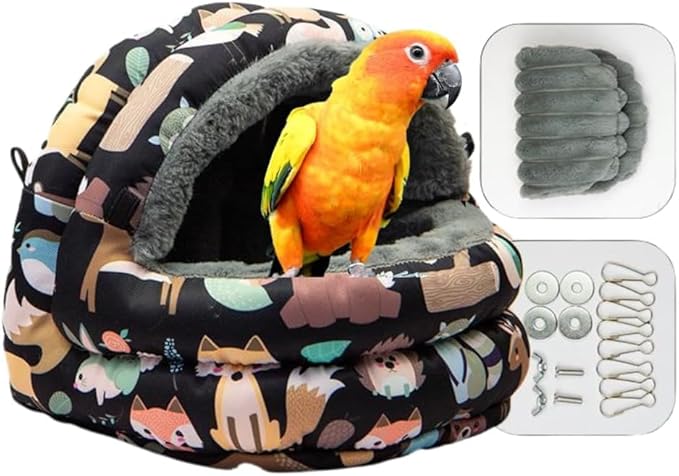 Winter Warm Nest for Parrot Warm House Bird Nest Winter Hanging Hammock Birds Sleeping Bed Parrot Hideway Bed Washable for Quaker Parakeet Cockatiels Budgies Lovebird (Black,Small)