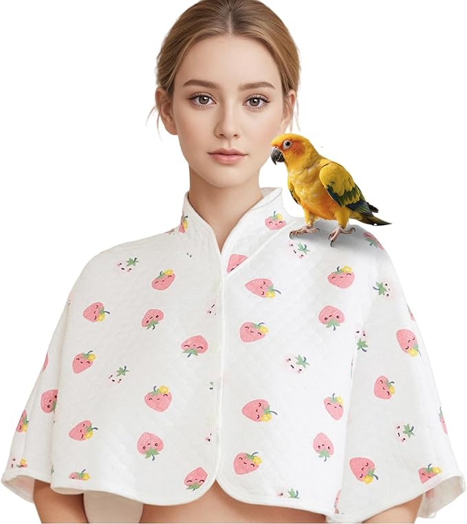 Reusable Parrot Diaper & Shoulder Protector - Poop Catcher Cloak for Cockatiels, Conures, Parakeets, Lovebirds, Small Macaws - Parrot Toys (White - Strawberry Pattern, Large)