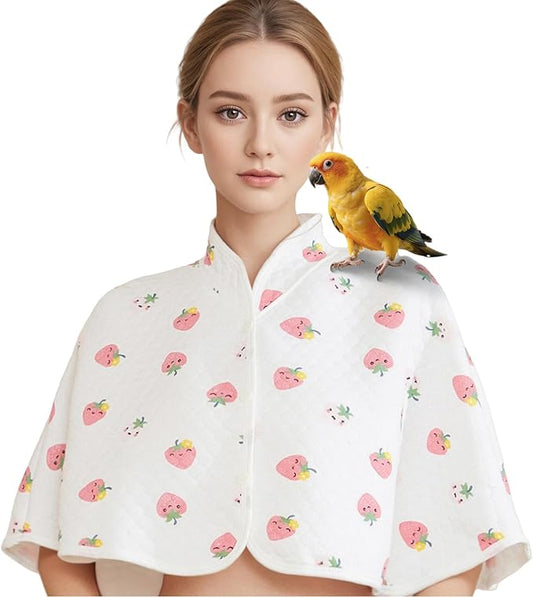 Reusable Parrot Diaper & Shoulder Protector - Poop Catcher Cloak for Cockatiels, Conures, Parakeets, Lovebirds, Small Macaws - Parrot Toys (White - Strawberry Pattern, Large)