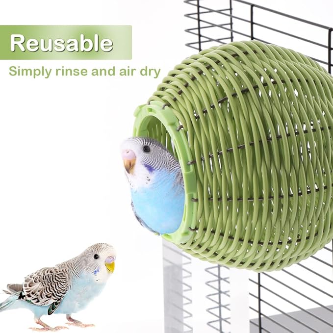 VTurboWay Rattan Bird Nest Chew Resistant Steel Frame Nest Parrot Egg Laying Breeding Nest for Small Bird Lovebird Canary Budgie Finch (Green)