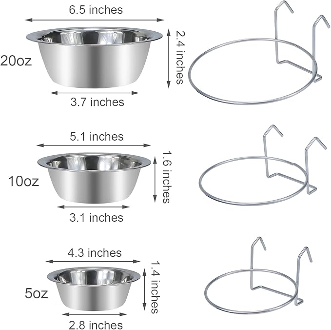 Wontee Pet Bowl Stainless Steel Hanging Food Water Bowls Bird Cage Feeder for Birds, Parrots, Small Sized Dogs and Cats (M)