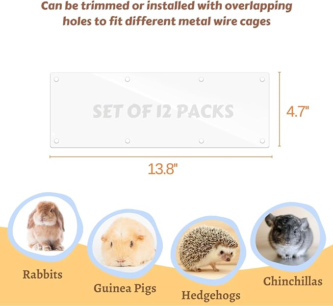 12 Pcs Cage Guard 13.8"x4.7" with Zip Ties & Personalized Letter Stickers, Scatter Guard Clear Cage Liner Flexible Side Lining for Rabbit Guinea Pig C&C Metal Wire Playpen