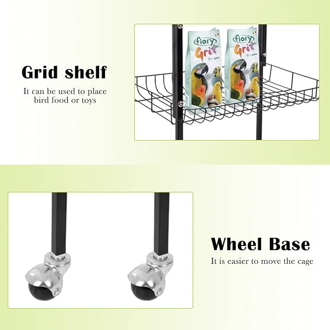 64 Inch Open Top Bird Cage Stand Medium Small Parrot Parakeet Cage with Rolling Stand,Wrought Iron Bird Cage for Cockatiels Lovebirds Parrotlet Flight Conure Pigeon,Black