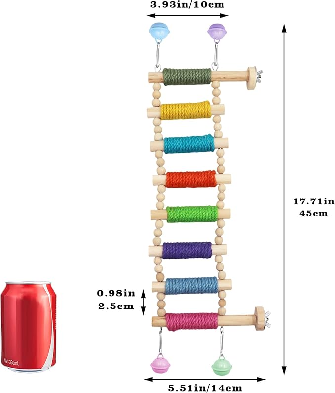 Bird Cage Accessories, Wooden Bridge with Colorful Rope on Steps, Bird Climbing Ladder Perch for Budgies, Cockatiels, Lovebirds, Quakers, Green Cheeks, Other Small to Medium Birds