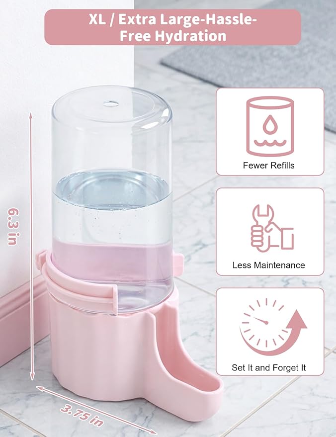 Quail Chick Waterer with Anti-Drowning Shallow Tray, 16.6 fl oz Automatic Gravity Button Quail Waterer, Hanging or Free-Standing Bird Water Dispenser for Wire Mesh Cages and Brooders (Pink)