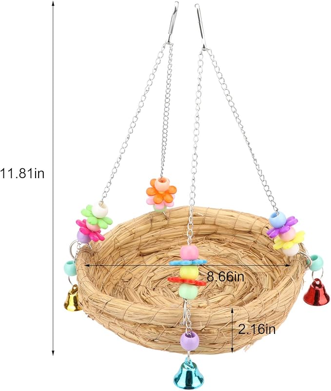 Hypeety Natural Handwoven Straw Nest Bed Large Bird Swing Toy with Bells for Parrot Cockatiel Parakeet African Grey Cockatoo Macaw Budgie Canary Lovebird Cage Perch (A)