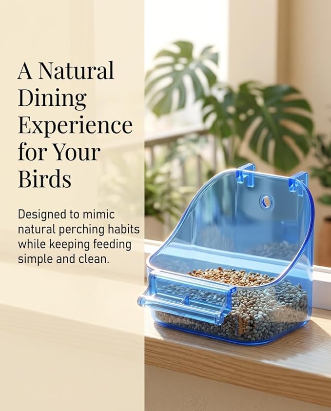 2 Packs No Mess Bird Feeder, Bird cage Feeder Cage Cup Food Bowls, Food Seed and Water Container, Good for Cockatiel Finch Lovebirds Budgies Canary (Blue and Clear)