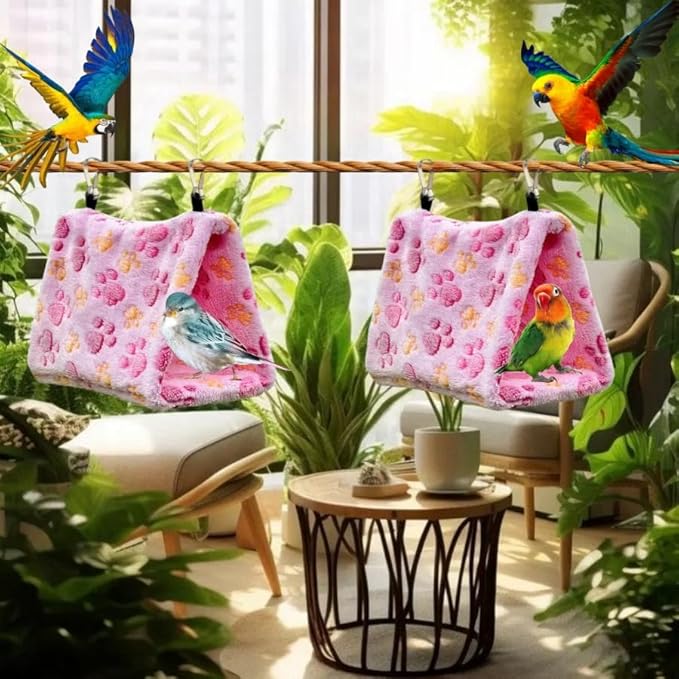 2 Pack Bird Nest Plush Snuggle Bird Hammock Hanging Bird Cave Parrot Sleeping Bed Shed Hut Hanging Tent for Budgies Finch Parakeet Cockatiel Cockatoo Lovebird-Foot Pattern (Pink&Purple)