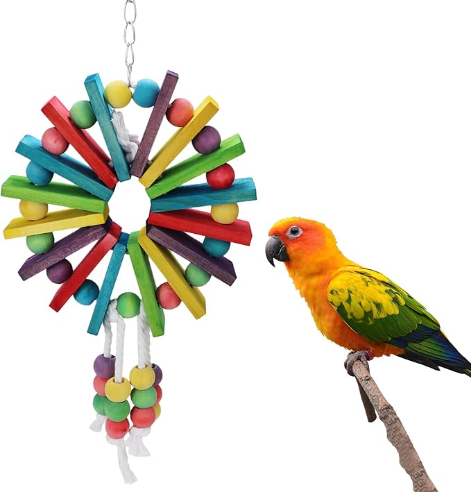 Litewoo Parrot Hanging Chew Toy Bird Bite Swing with Colorful Wood Beads Bells for Parrot Macaw African Greys Cockatiels Cage Accessories (Colorful Wood Toy)