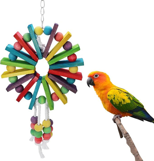 Litewoo Parrot Hanging Chew Toy Bird Bite Swing with Colorful Wood Beads Bells for Parrot Macaw African Greys Cockatiels Cage Accessories (Colorful Wood Toy)