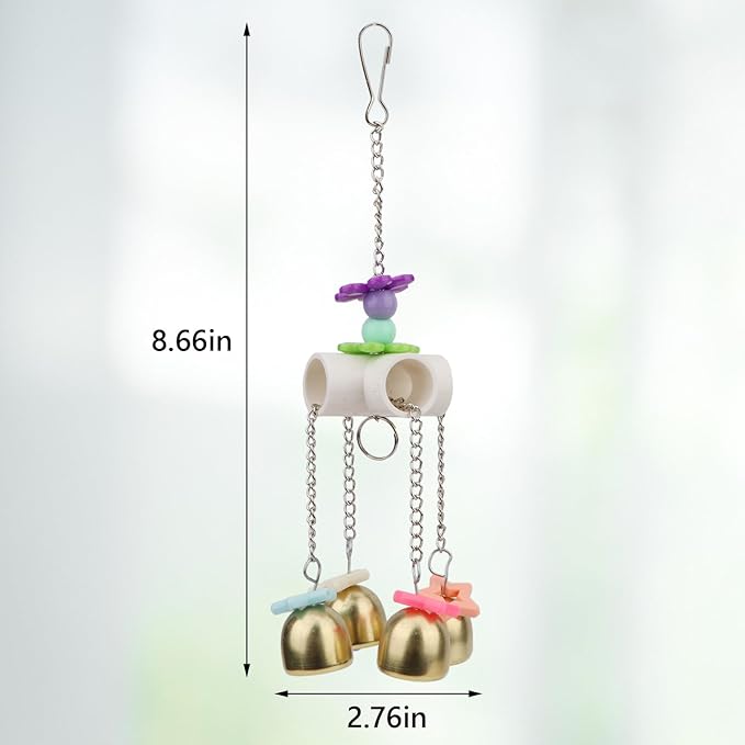 Hypeety Bird Bells Toy Hanging Cage Bell with Sweet Sound Colorful Wood Beads Bells for Lovebirds African Greys Cockatoo Macaw Parakeet Cage Hanging Perch Toy (Bell Toy-4 Bells)