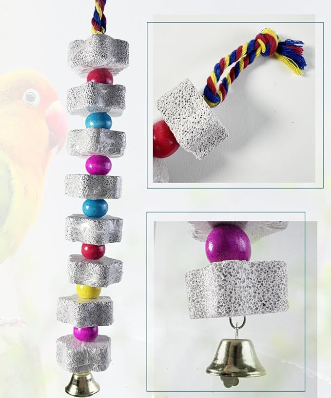 2Pcs Parrot Chewing Toy, Bird Beak Grinding Calcium Stone Toys with Bell, Bird Perch Cage Toys for Cockatiel Parakeet Parrot Budgies Rat Hamster Rabbit Bunny African Grey
