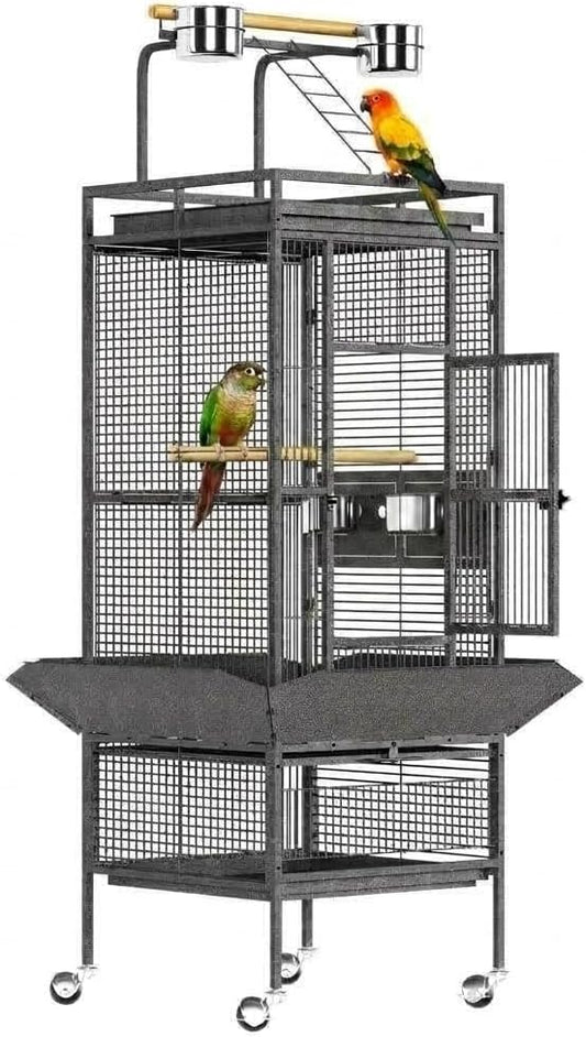 61 Inch Metal Bird Cage with Stand Large Rolling Parrot Cages with Play Top Seed Catcher Removable Tray Parrot Cage for Lovebirds Cockatiels Pigeon Finches, Black