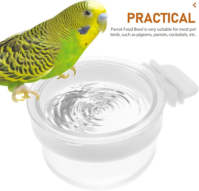 Kisangel Parrot Feeder Dish Cup Detachable Transparent Bowls Plastic Bird Food Bowl for Hanging Parrot Water Feeder