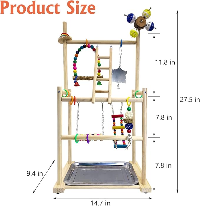 Hamiledyi Natural Wood Bird Playground - Large 3-Tier Perch Stand with Exercise Platforms Durable Activity Gym for Parrots, Cockatiels and Small Birds Bird Stand with Ladders and Swings