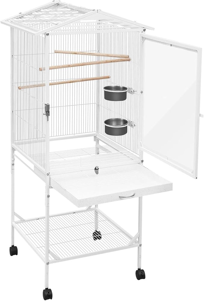 53.5 Inch Large Bird Cage Parakeet Cage with Wheels and Play Open Top Iron Bird Flight Cages for Parrot Lovebirds Finches Canaries Parakeets Cockatiels Budgie Parrotlet Conures (White, Type A)
