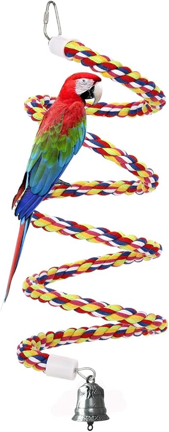 63'' Bird Rope Perches Birdcage Swing Toys 100% Cotton Natural Bird Perch Peck/Chewing with Vintage Bell Climbing Standing Bungee Parrot Toys for Small to Regular Size Parrot Cockatiel Birds