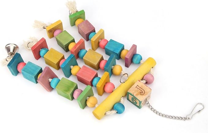 Litewoo Parrot Hanging Chew Toy Bird Bite Swing with Colorful Wood Beads Bells for Parrot Macaw African Greys Cockatiels Cage Accessories (Hanging with Bell Toy)