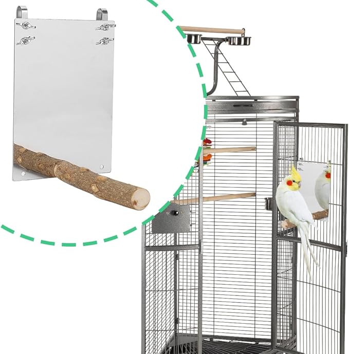 Bird Mirror, Large Stainless Steel Bird Mirror Perch Cockatiel Swing Toys Parrot Cage Accessories Decoration Standing Bar Claw for Small Medium All Types of Parakeet Cockatoo Cockatiel Finch Canaries
