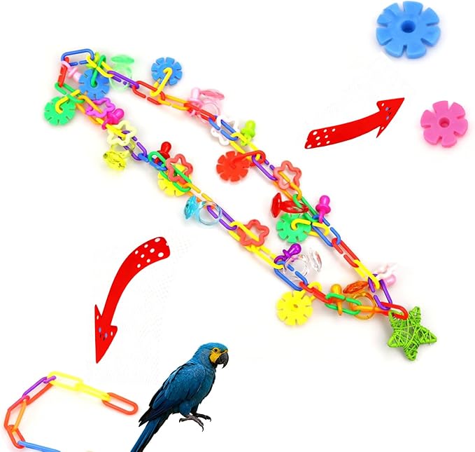 (2 Pack) Bird Necklace Toy Rainbow Necklace Bird Toy Chewing Toy Cage Links Bird Swing, Climbing Chain for Small Sized Birds, Small Bird Necklace Toy.