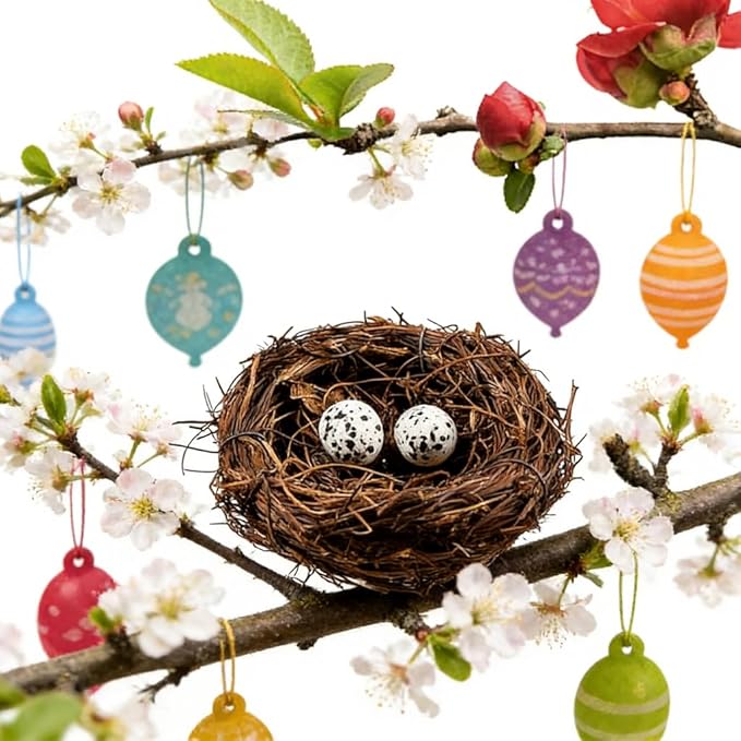 Birds Nest with Eggs Easter Rattan Nest Decorating, Mini Artificial Birds Nest for Easter Crafts Home Garden Decor Wedding Party (4 Inches)
