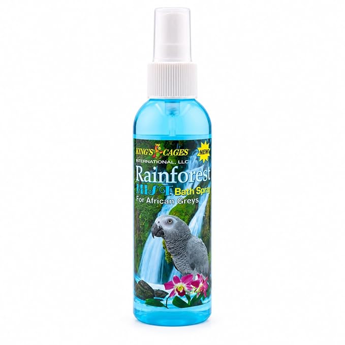 King's Cages Rainforest Mist Spray African Grey 8 oz. Feather Conditioning Spray with Baby Powder Scent for Medium Bird Breeds Skin Relief and Plumage Care