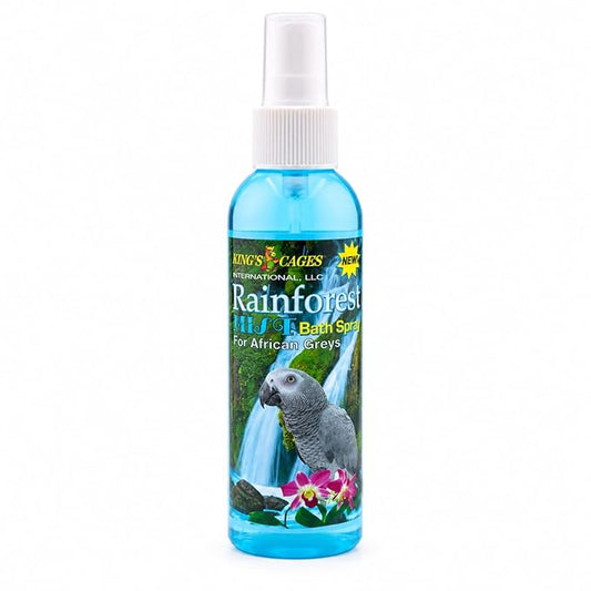 King's Cages Rainforest Mist Spray African Grey 8 oz. Feather Conditioning Spray with Baby Powder Scent for Medium Bird Breeds Skin Relief and Plumage Care