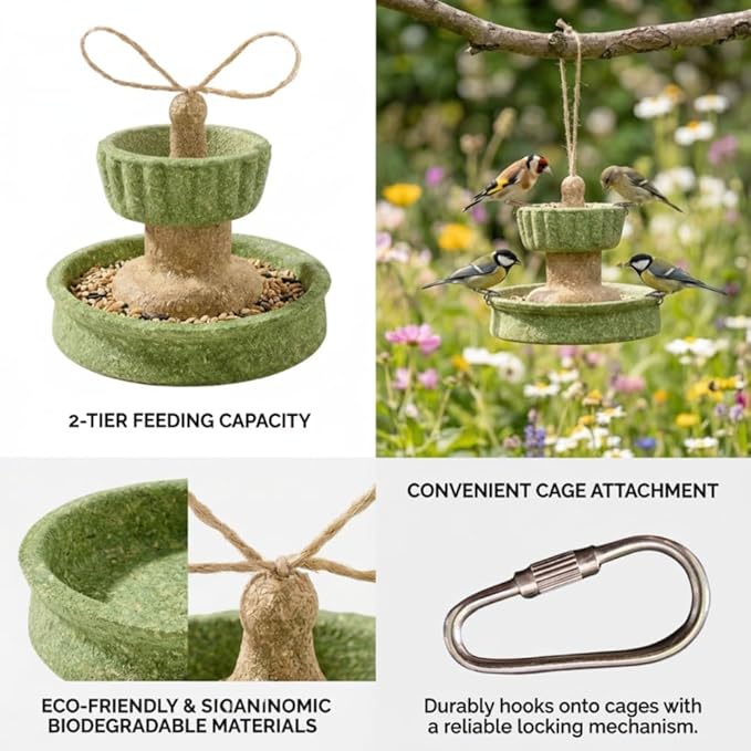 Bird Double-Layer Slow Feeder Toy, Hanging Bird Foraging Toy & Chew Toy, Wishing Well Bird Feeder Toy for Parakeets Budgies Cockatiels Conures Lovebirds, Small to Medium Birds, 7.9 x 7.9 x 9.8 in