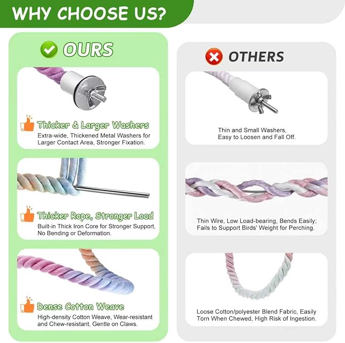 3 Pcs Bird Rope Perches Gradient Color, Bendable Parrot Bird Perch Rope Stand for Cage, Stand Climbing Stand Toy for Cockatiels, Lovebirds, Budgies, Parakeets (2 Short + 1 Long)