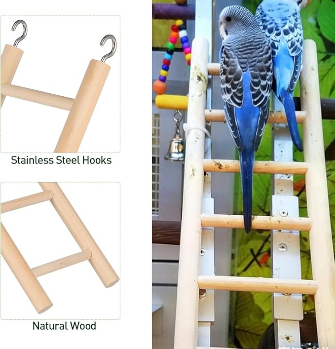 14.7 Inch Bird Ladder for Parakeets and Cockatiels, 8-Step Natural Wood Parrot Climbing Toy with Stainless Steel Hooks - Safe Chewing Cage Accessory