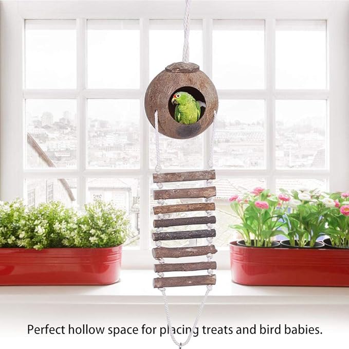 TOPINCN Coconut Shell Bird House with Rope Ladder, 24 Inch Height, Parrot Nesting Box for Climbing and Playing