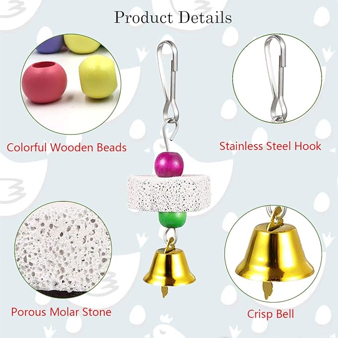 2Pcs Chicken Mirror Toys for Hens Hanging Swing Mirror Toys with Bells and Beak Grinding Molar Stones for Roosters Hens Birds Parrots (Yellow and Red)