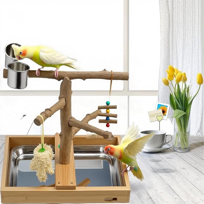 Bird Perch Stand, Natural Wood Bird Perch Stand, Wooden Parrot Perch Stand Fork Toys Hanging Multi-Branch Rope Perch Platform Hammock Swing Toy Chewing Stick Cage Accessories