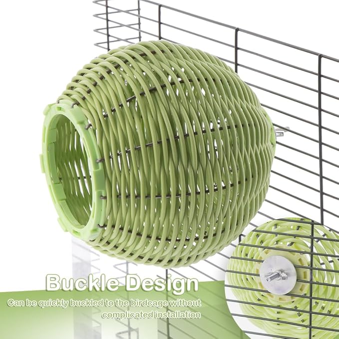 VTurboWay Rattan Bird Nest Chew Resistant Steel Frame Nest Parrot Egg Laying Breeding Nest for Small Bird Lovebird Canary Budgie Finch (Green)