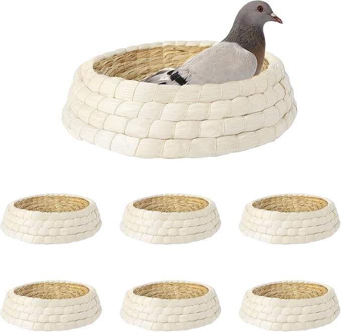 6 Packs Woven Straw Bird Nests, 9" Handmade Flat Base Spawning Nest,Racing Pigeon Breeding Hatching Nest Box Egg Basin for Quails Doves and Small Birds,Pet Cage Supplies