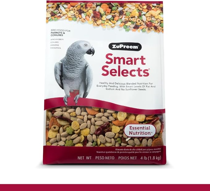 ZuPreem Smart Selects Daily Bird Food for Parrot, Conure, Caique, African Grey, Eclectus, Small Cockatoo, Bird Pellets and Seed Blend, Nutrition for Medium Large Birds, Parrot Food (ML, 4 lbs)