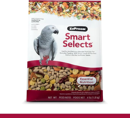 ZuPreem Smart Selects Daily Bird Food for Parrot, Conure, Caique, African Grey, Eclectus, Small Cockatoo, Bird Pellets and Seed Blend, Nutrition for Medium Large Birds, Parrot Food (ML, 4 lbs)