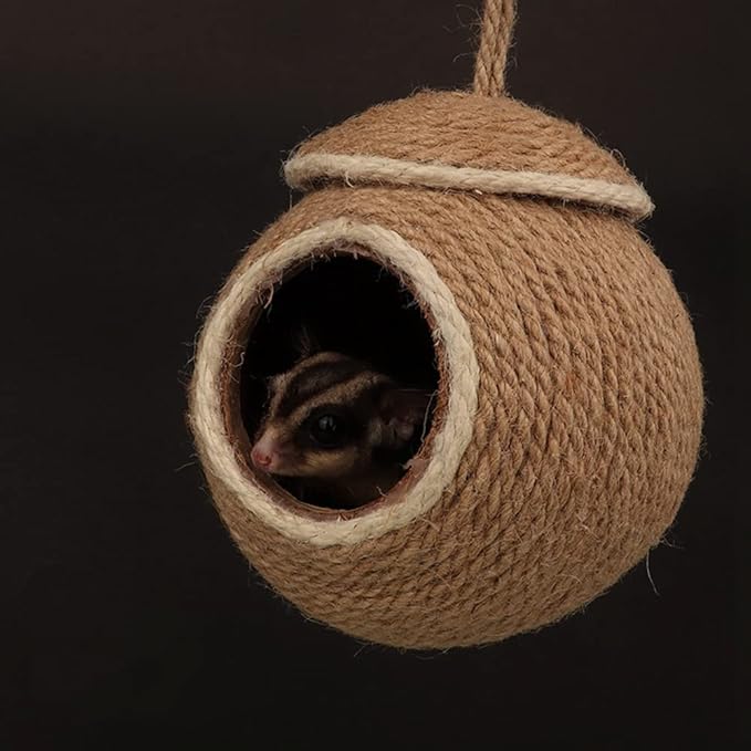 Sugar Glider House Climb Toys Natural Coconut Shell Hemp Rope Hut Hide Out Nest for Rat Hamster Squirrel Bird Parakeet,Cage Habitats Hammock (Metal Hook)